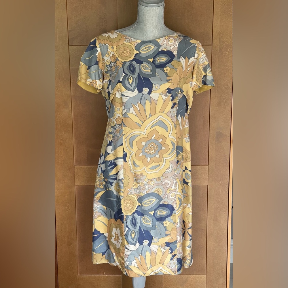 Vintage Handmade Yellow, Gold and Blue Floral Women's Dress, Size Medium